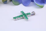 Small Natural Emeralds set 20 mm Long Cross, Made From Solid Cast Silver, Complete with Silver Chain, British Hallmarked