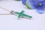 Small Natural Emeralds set 20 mm Long Cross, Made From Solid Cast Silver, Complete with Silver Chain, British Hallmarked