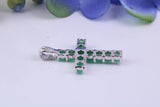 Small Natural Emeralds set 20 mm Long Cross, Made From Solid Cast Silver, Complete with Silver Chain, British Hallmarked