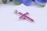 Small Natural Rubies set 20 mm Long Cross, Made From Solid Cast Silver, Complete with Silver Chain, British Hallmarked