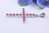 Natural Rubies set 35 mm Long Cross, Made From Solid Cast Silver, Complete with Silver Chain, British Hallmarked