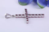 Natural Rubies set 35 mm Long Cross, Made From Solid Cast Silver, Complete with Silver Chain, British Hallmarked