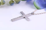Dainty 28 mm Long Diamonds set Cross, Made From Solid Cast Silver, Complete with Chain, British Hallmarked