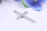 Dainty 28 mm Long Diamonds set Cross, Made From Solid Cast Silver, Complete with Chain, British Hallmarked