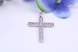 Dainty 28 mm Long Diamonds set Cross, Made From Solid Cast Silver, Complete with Chain, British Hallmarked