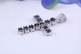 Two carats Natural Sapphires set 35 mm Long Cross, Made From Solid Cast Silver, Complete with Silver Chain, British Hallmarked