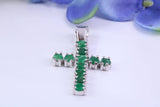 1.65 carats Natural Emeralds set 35 mm Long Cross, Made From Solid Cast Silver, Complete with Silver Chain, British Hallmarked