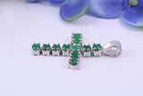 1.65 carats Natural Emeralds set 35 mm Long Cross, Made From Solid Cast Silver, Complete with Silver Chain, British Hallmarked
