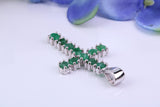 1.65 carats Natural Emeralds set 35 mm Long Cross, Made From Solid Cast Silver, Complete with Silver Chain, British Hallmarked