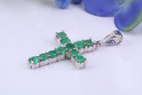 1.20 carats Natural Emeralds set 38 mm Long Cross, Made From Solid Cast Silver, Complete with Silver Chain, British Hallmarked