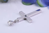 33 mm Long Chunky Real Blue Sapphire set Cross Necklace, Made From Solid Cast Silver, Complete With Chain