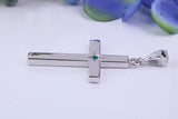 33 mm Long Chunky Real Emerald set Cross Necklace, Made From Solid Cast Silver, Complete With Chain