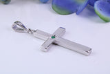 33 mm Long Chunky Real Emerald set Cross Necklace, Made From Solid Cast Silver, Complete With Chain