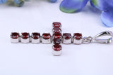 Real Garnet set 60 mm Long Cross Necklace, Made From Solid Cast Silver, British Hallmarked