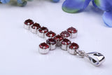 Real Garnet set 60 mm Long Cross Necklace, Made From Solid Cast Silver, British Hallmarked