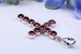 Real Garnet set 60 mm Long Cross Necklace, Made From Solid Cast Silver, British Hallmarked