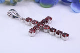 Real Garnet set 60 mm Long Cross Necklace, Made From Solid Cast Silver, British Hallmarked