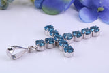 Real Blue Topaz set 60 mm Long Cross Necklace, Made From Solid Cast Silver, British Hallmarked