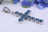 Real Blue Topaz set 60 mm Long Cross Necklace, Made From Solid Cast Silver, British Hallmarked