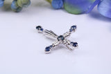 Ornate Real Blue Sapphires set Cross Necklace, Made From Solid Cast Silver, Complete With Chain
