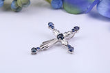 Ornate Real Blue Sapphires set Cross Necklace, Made From Solid Cast Silver, Complete With Chain