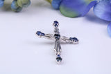 Ornate Real Blue Sapphires set Cross Necklace, Made From Solid Cast Silver, Complete With Chain