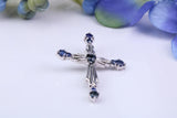 Ornate Real Blue Sapphires set Cross Necklace, Made From Solid Cast Silver, Complete With Chain