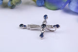 Ornate Real Blue Sapphires set Cross Necklace, Made From Solid Cast Silver, Complete With Chain