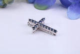 Small Real Blue Sapphires set Cross Necklace, Made From Solid Cast Silver, Complete With Chain