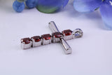 33 mm Long Real Garnets set Sterling Silver Cross, Made From Solid Cast Silver, Hallmarked and with Chain