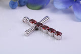 33 mm Long Real Garnets set Sterling Silver Cross, Made From Solid Cast Silver, Hallmarked and with Chain