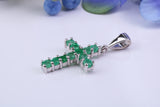 Small Natural Emeralds set 20 mm Long Cross, Made From Solid Cast Silver, Complete with Silver Chain, British Hallmarked