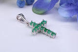 Small Natural Emeralds set 20 mm Long Cross, Made From Solid Cast Silver, Complete with Silver Chain, British Hallmarked