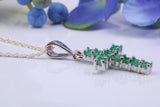Small Natural Emeralds set 20 mm Long Cross, Made From Solid Cast Silver, Complete with Silver Chain, British Hallmarked
