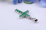 Small Natural Emeralds set 20 mm Long Cross, Made From Solid Cast Silver, Complete with Silver Chain, British Hallmarked