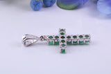 Small Natural Emeralds set 20 mm Long Cross, Made From Solid Cast Silver, Complete with Silver Chain, British Hallmarked