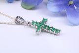Small Natural Emeralds set 20 mm Long Cross, Made From Solid Cast Silver, Complete with Silver Chain, British Hallmarked