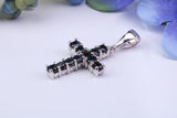 Small Natural Sapphires set 25 mm Long Cross, Made From Solid Cast Silver, Complete with Silver Chain, British Hallmarked