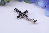 Small Natural Sapphires set 25 mm Long Cross, Made From Solid Cast Silver, Complete with Silver Chain, British Hallmarked