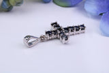 Small Natural Sapphires set 25 mm Long Cross, Made From Solid Cast Silver, Complete with Silver Chain, British Hallmarked