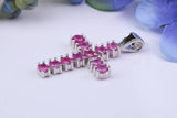 2 carats Natural Rubies set 35 mm Long Cross, Made From Solid Cast Silver, Complete with Silver Chain, British Hallmarked