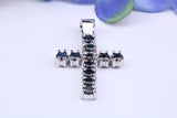 Two carats Natural Sapphires set 35 mm Long Cross, Made From Solid Cast Silver, Complete with Silver Chain, British Hallmarked