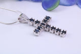 Two carats Natural Sapphires set 35 mm Long Cross, Made From Solid Cast Silver, Complete with Silver Chain, British Hallmarked