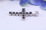 Two carats Natural Sapphires set 35 mm Long Cross, Made From Solid Cast Silver, Complete with Silver Chain, British Hallmarked