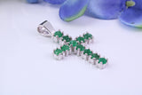 1.65 carats Natural Emeralds set 35 mm Long Cross, Made From Solid Cast Silver, Complete with Silver Chain, British Hallmarked