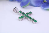 1.65 carats Natural Emeralds set 35 mm Long Cross, Made From Solid Cast Silver, Complete with Silver Chain, British Hallmarked