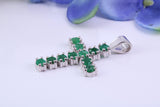 1.65 carats Natural Emeralds set 35 mm Long Cross, Made From Solid Cast Silver, Complete with Silver Chain, British Hallmarked