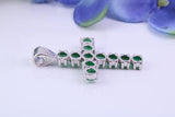 1.65 carats Natural Emeralds set 35 mm Long Cross, Made From Solid Cast Silver, Complete with Silver Chain, British Hallmarked