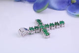 1.65 carats Natural Emeralds set 35 mm Long Cross, Made From Solid Cast Silver, Complete with Silver Chain, British Hallmarked