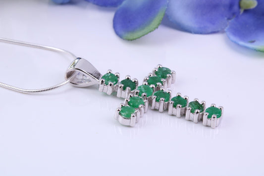 1.65 carats Natural Emeralds set 35 mm Long Cross, Made From Solid Cast Silver, Complete with Silver Chain, British Hallmarked
